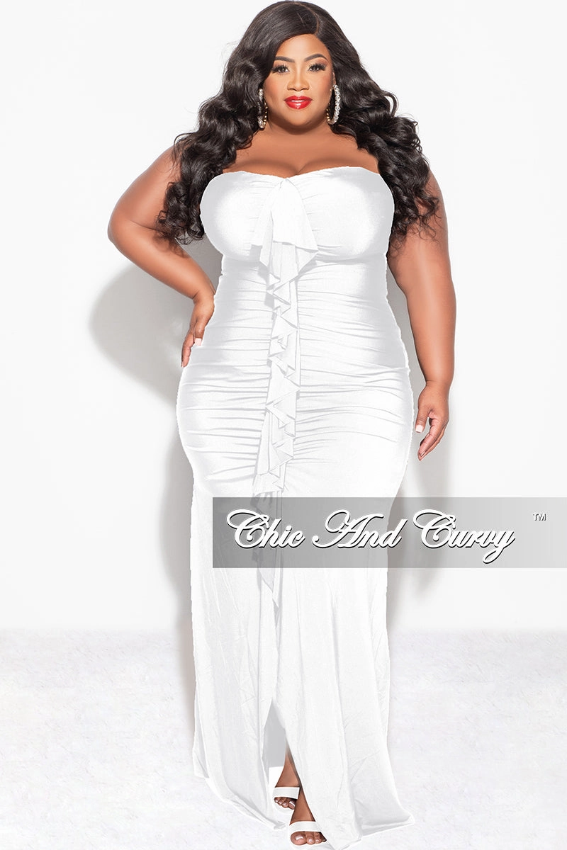 Final Sale Plus Size Sleeveless Maxi Gown With Center Ruching with Ruffle in White Multi Panel Cut