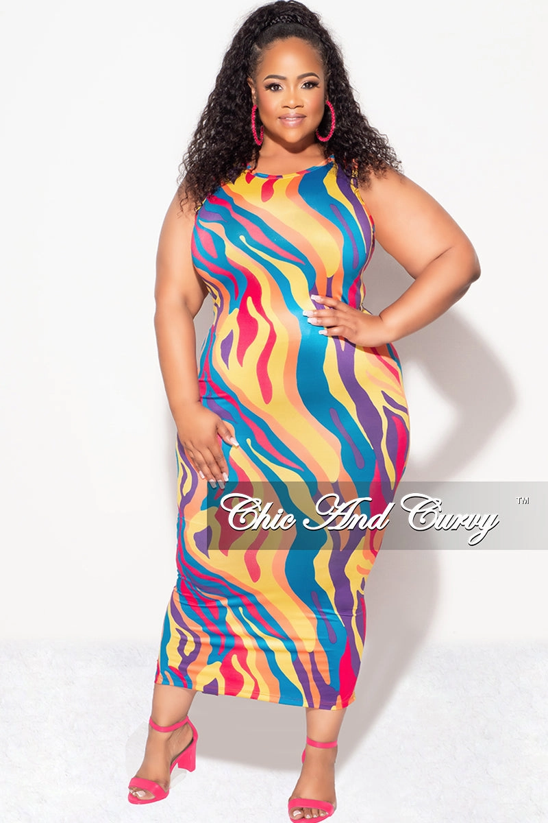 Final Sale Plus Size Sleeveless Midi Dress with Back Slit in Multi Color Print Decorative stitching Lightweight Weave