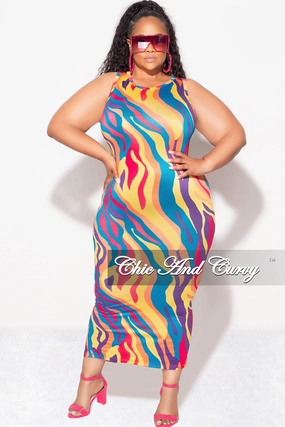 Perfect Comfort Fit QuickDryTechnology Final Sale Plus Size Sleeveless Midi Dress with Back Slit in Multi Color Print