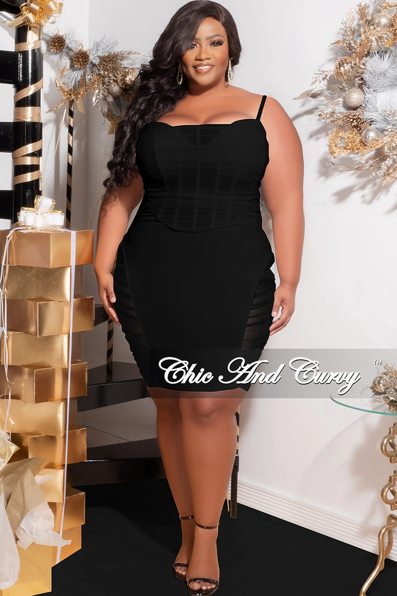 Final Sale Plus Size Sleeveless Midi Dress with Mesh Sides in Black Durable Hem Stitching FlexibleRibbing