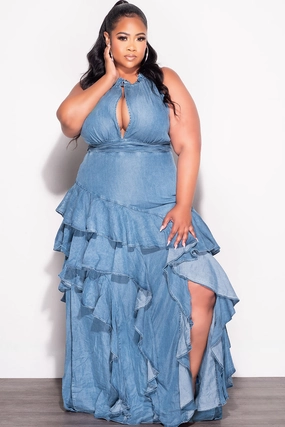 NonIrritatingStitching Final Sale Plus Size Sleeveless Multi Layered Ruffle Dress in Denim
