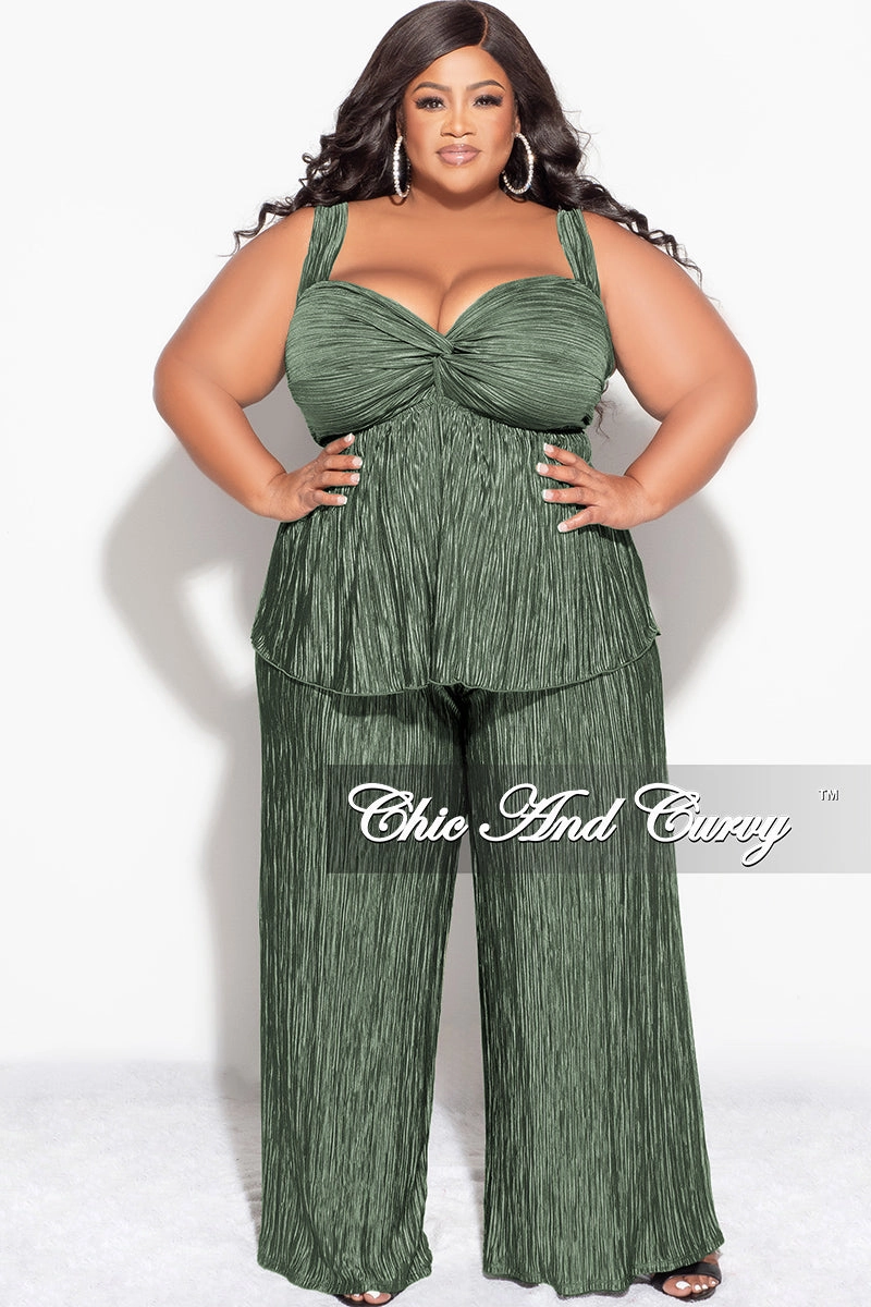 Final Sale Plus Size Sleeveless Pleated Peplum Top and Palazzo Pants Set in Olive Multipurpose Design Dressy look