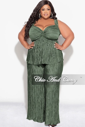 SmoothZipper Final Sale Plus Size Sleeveless Pleated Peplum Top and Palazzo Pants Set in Olive