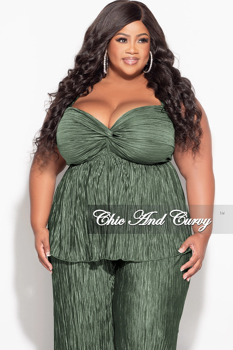 Final Sale Plus Size Sleeveless Pleated Peplum Top and Palazzo Pants Set in Olive Low-rise style