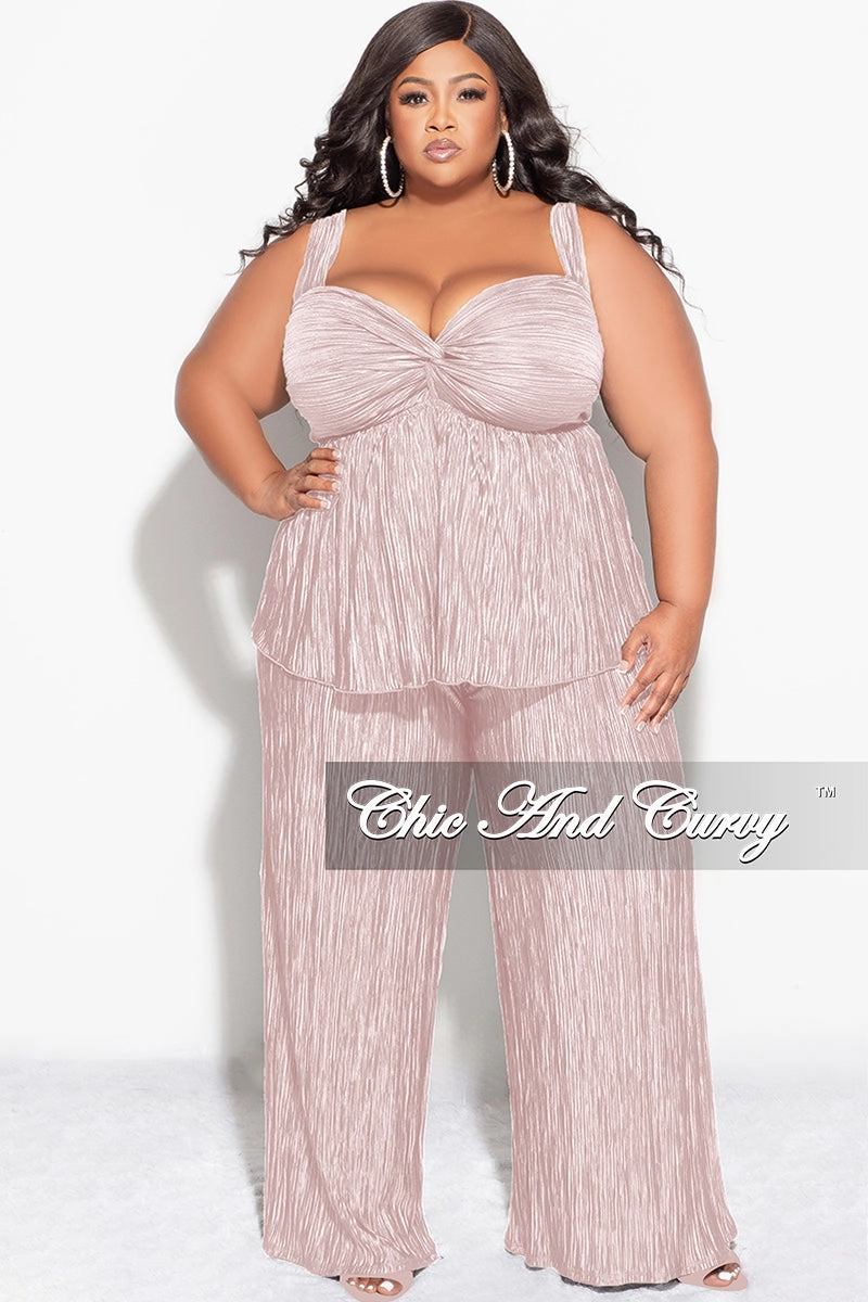 Non slip grip Final Sale Plus Size Sleeveless Pleated Peplum Top and Palazzo Pants Set in Tan