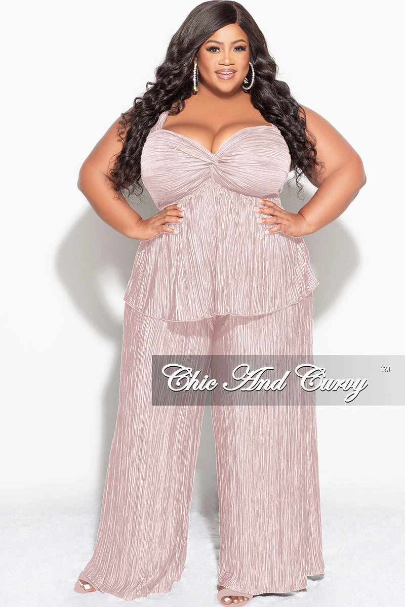 Final Sale Plus Size Sleeveless Pleated Peplum Top and Palazzo Pants Set in Tan Snug Waist