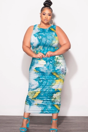 Low Profile Waistband No Pinch Final Sale Plus Size Sleeveless Ruched Dress In Blue White and Yellow