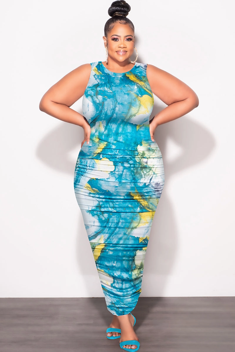 Final Sale Plus Size Sleeveless Ruched Dress In Blue White and Yellow Easy Access