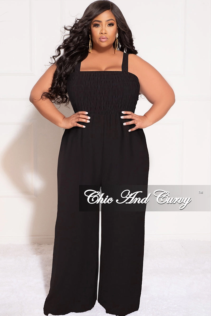 Final Sale Plus Size Sleeveless Shirred Jumpsuit in Black Snag Resistant Fabric