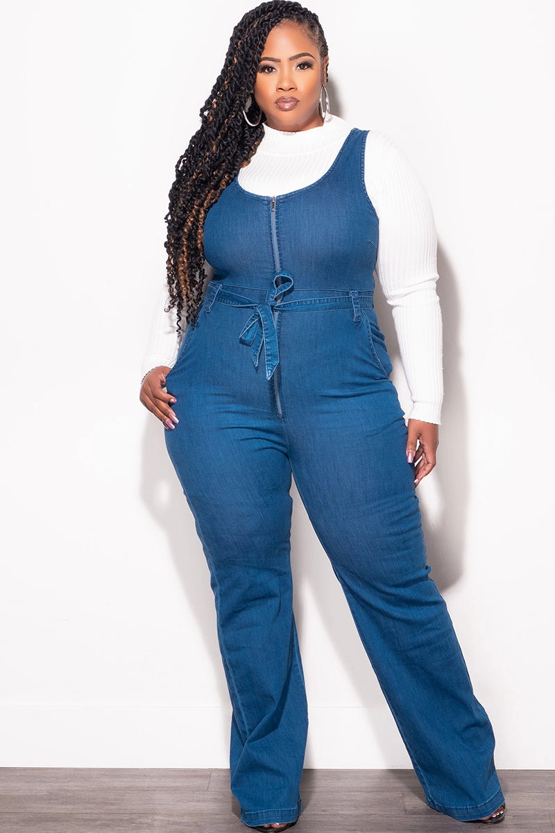 Final Sale Plus Size Sleeveless Zip-Up Jumpsuit with Attached Tie in Dark Denim Seamless Waistband