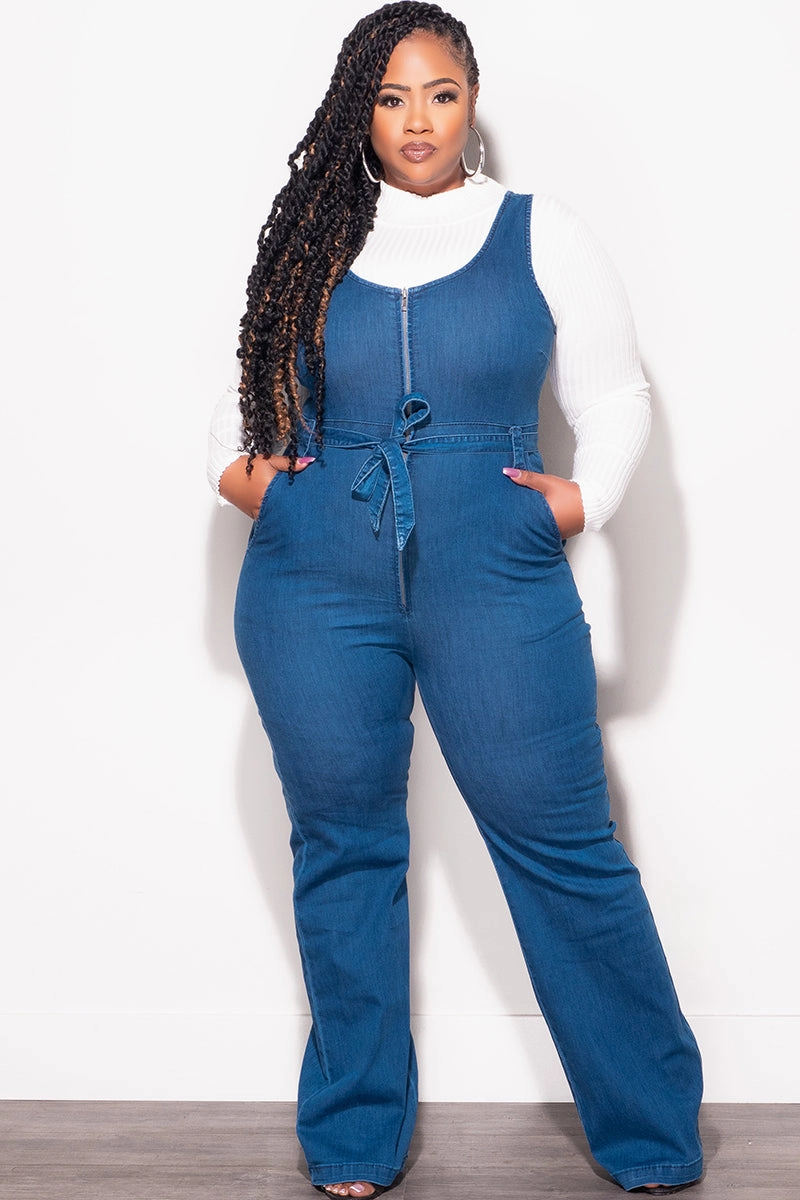 Smart Layering Fast Move Final Sale Plus Size Sleeveless Zip-Up Jumpsuit with Attached Tie in Dark Denim