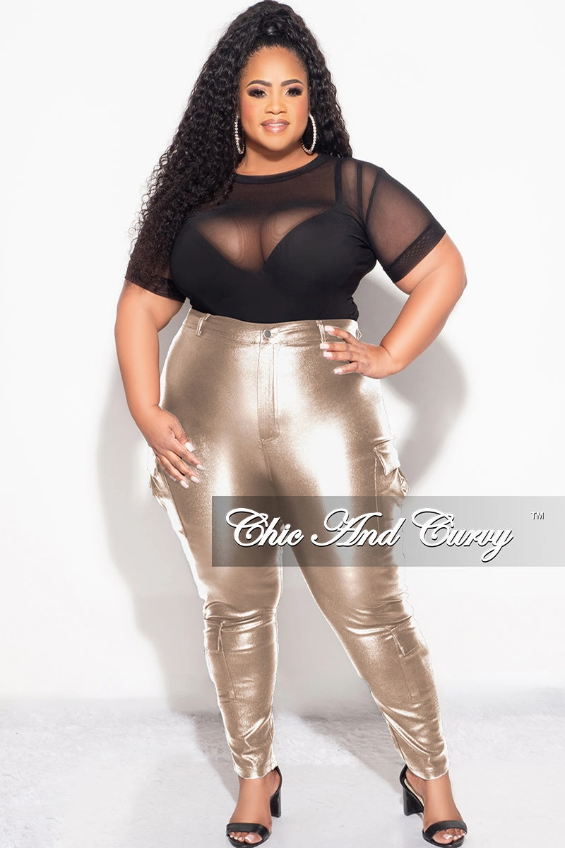 Raw edge Final Sale Plus Size Slim Cargo Pants in Metallic Gold
