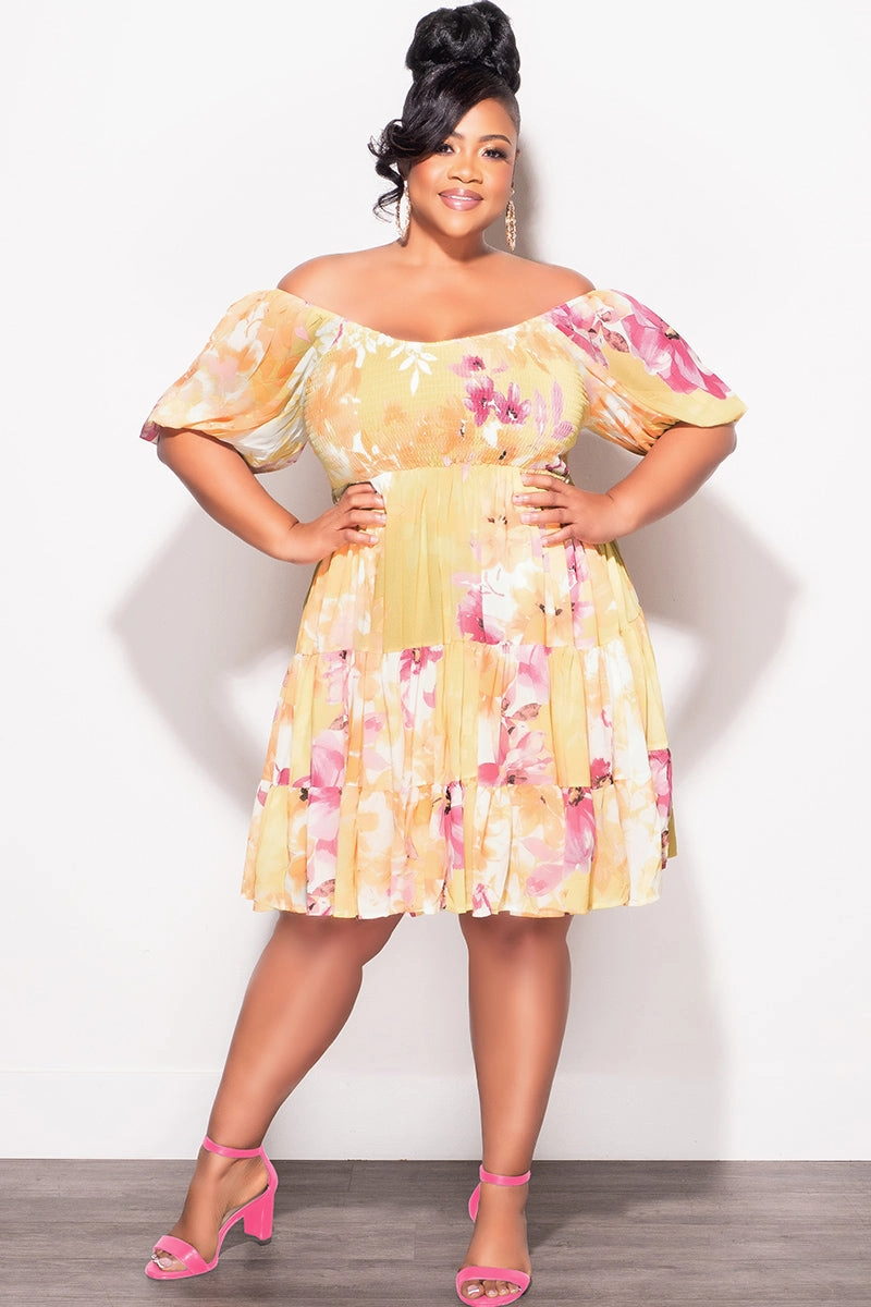 StaticDissipative Final Sale Plus Size Smocked Chiffon Baby Doll Dress in Yellow Orange & Pink Floral Print