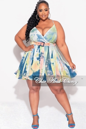 Easy Wear Final Sale Plus Size Spaghetti Strap Babydoll Dress in Teal/Yellow Tie Dye