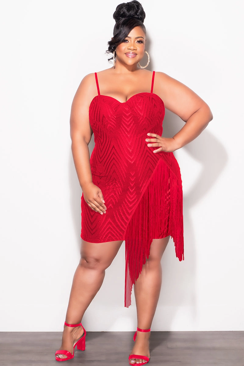 Final Sale Plus Size Spaghetti Strap BodyCon Dress with Side Fringe in Red Light Coverage Tall Length
