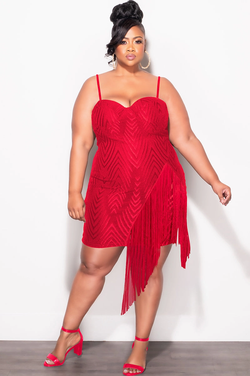 Eco Friendly Fabric Final Sale Plus Size Spaghetti Strap BodyCon Dress with Side Fringe in Red