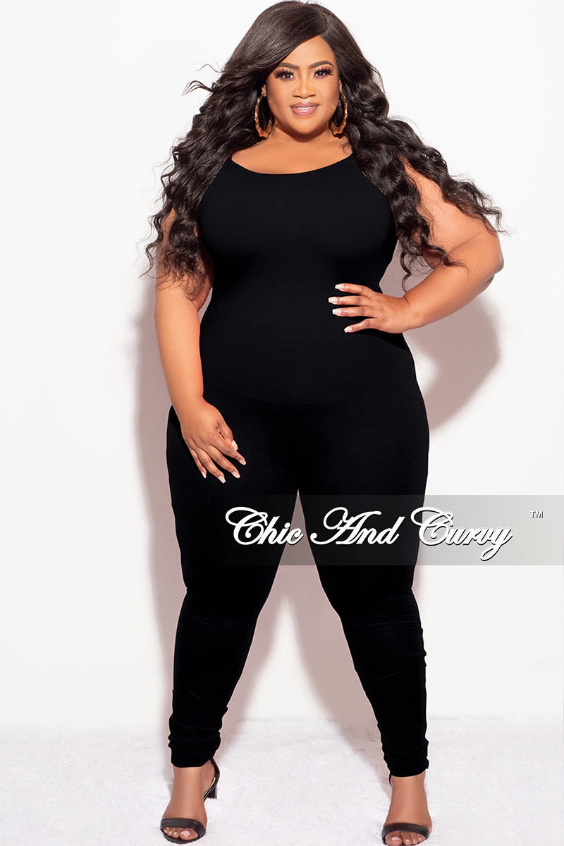 Final Sale Plus Size Spaghetti Strap Catsuit Unitard in Black Slim Stretch