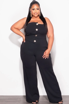 Fit Control No Ride-Up Final Sale Plus Size Spaghetti Strap Jumpsuit with Gold Button Detail in Black