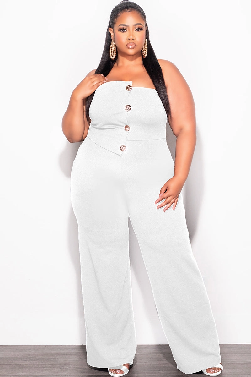 Final Sale Plus Size Spaghetti Strap Jumpsuit with Gold Button Detail in Ivory Heat Dissipating