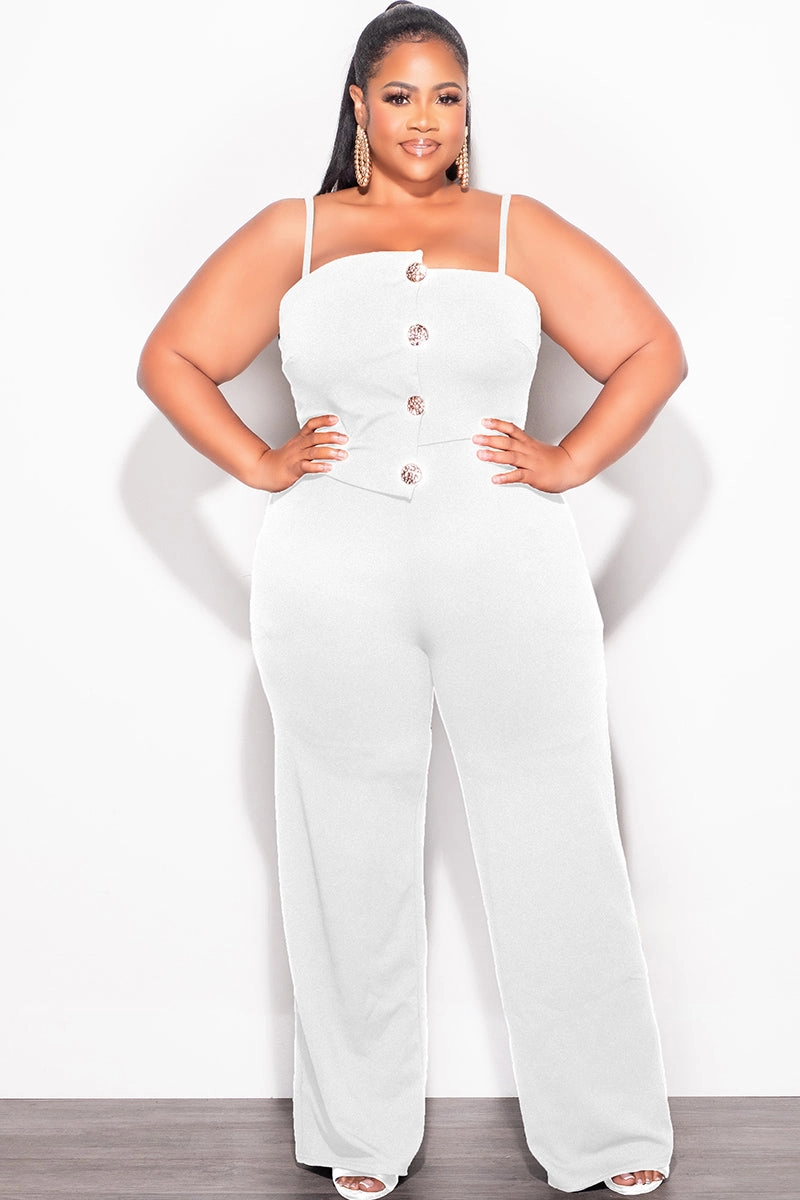 Distressed finish Final Sale Plus Size Spaghetti Strap Jumpsuit with Gold Button Detail in Ivory