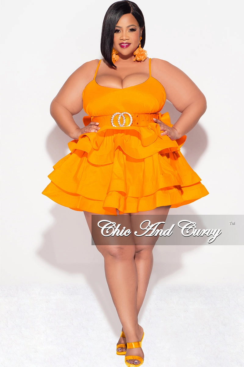 Feminine Cut Durable Comfort Final Sale Plus Size Spaghetti Strap Tiered Ruffle Mini Dress in Orange