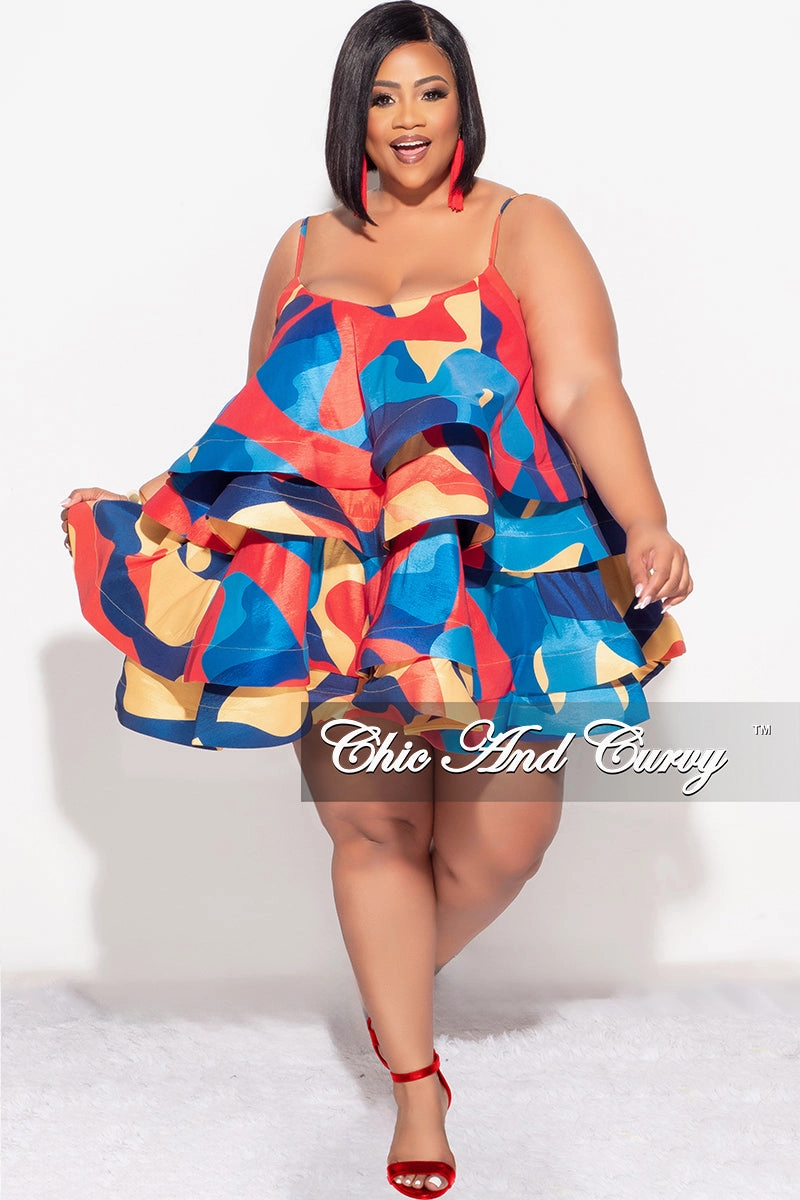 Lightweight Construction Chill Comfort Fit Final Sale Plus Size Spaghetti Strap Tiered Ruffle Mini Dress in Red Yellow and Turquoise Multi Color