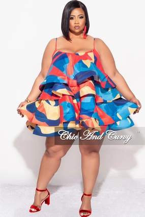Final Sale Plus Size Spaghetti Strap Tiered Ruffle Mini Dress in Red Yellow and Turquoise Multi Color Effortless Style Chic Comfort