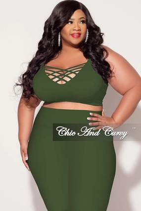 Active Utility Everyday Comfort Fit Final Sale Plus Size Spaghetti Strap Triple Criss Cross Front Bralette in Olive green