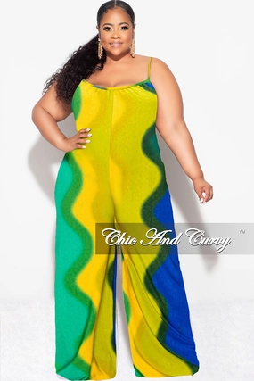 Final Sale Plus Size Spaghetti Straps Jumpsuit in Yellow, Orange, Royal Blue and Green Reinforced Pockets