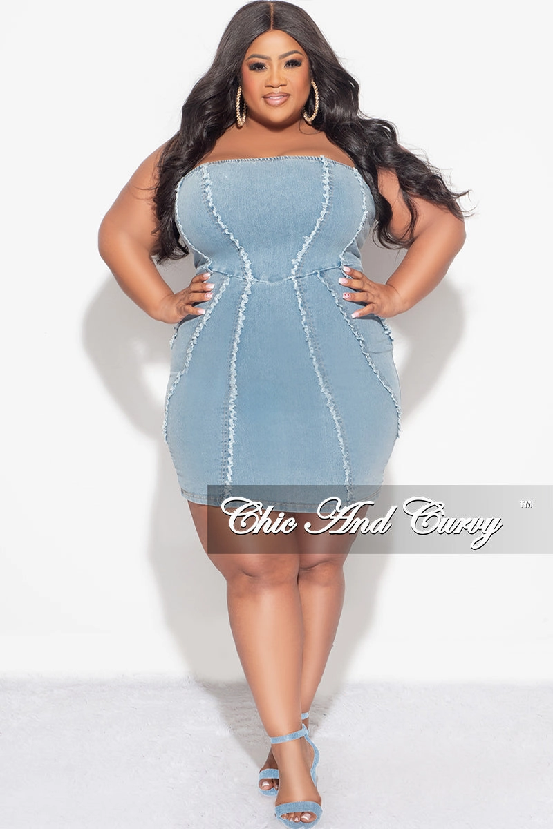 Final Sale Plus Size Strapless Dress in Denim SeamlessConstruction Adjustable Drawcord