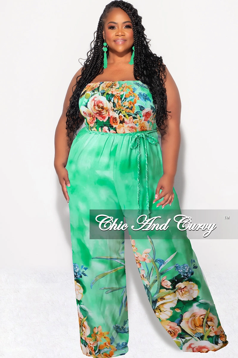 Detachable belt Flattering Comfort Wear Final Sale Plus Size Strapless Jumpsuit with Tie Waist in Light Green Floral Print