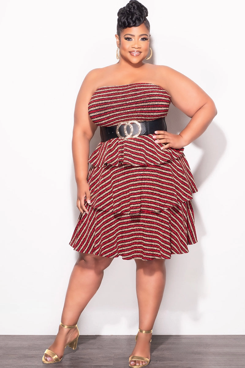 Final Sale Plus Size Strapless Layered Ruffle Knit BodyCon in Red Black and Gold Stripe Print Recycled fibers SecureClosureSystem