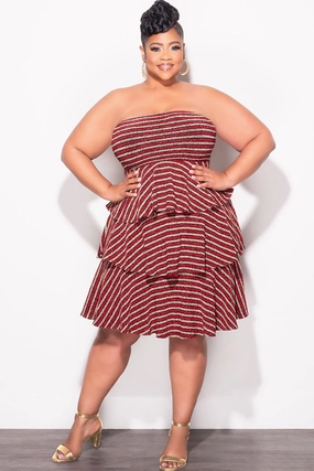 Stylish Appearance All Day Wear Comfort Final Sale Plus Size Strapless Layered Ruffle Knit BodyCon in Red Black and Gold Stripe Print