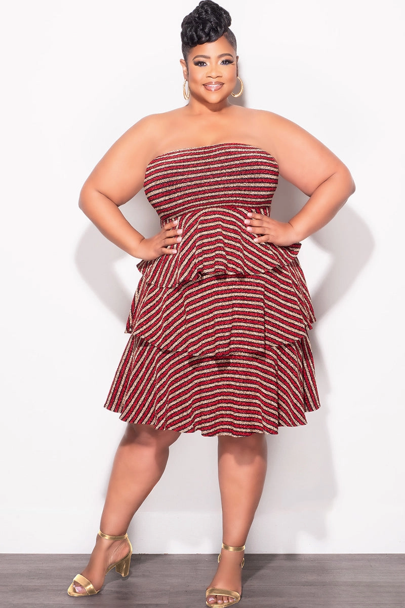 Stylish Appearance All Day Wear Comfort Final Sale Plus Size Strapless Layered Ruffle Knit BodyCon in Red Black and Gold Stripe Print