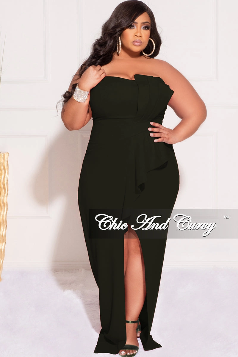 Final Sale Plus Size Strapless Pleated Ruffle Gown with Front Slit in Black Stretchable Blend