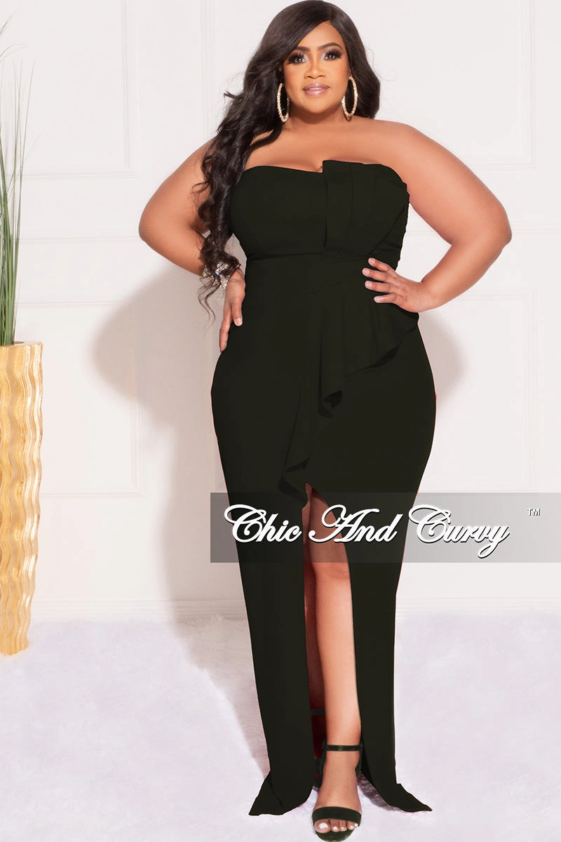 PunctureResistantReinforcement Final Sale Plus Size Strapless Pleated Ruffle Gown with Front Slit in Black