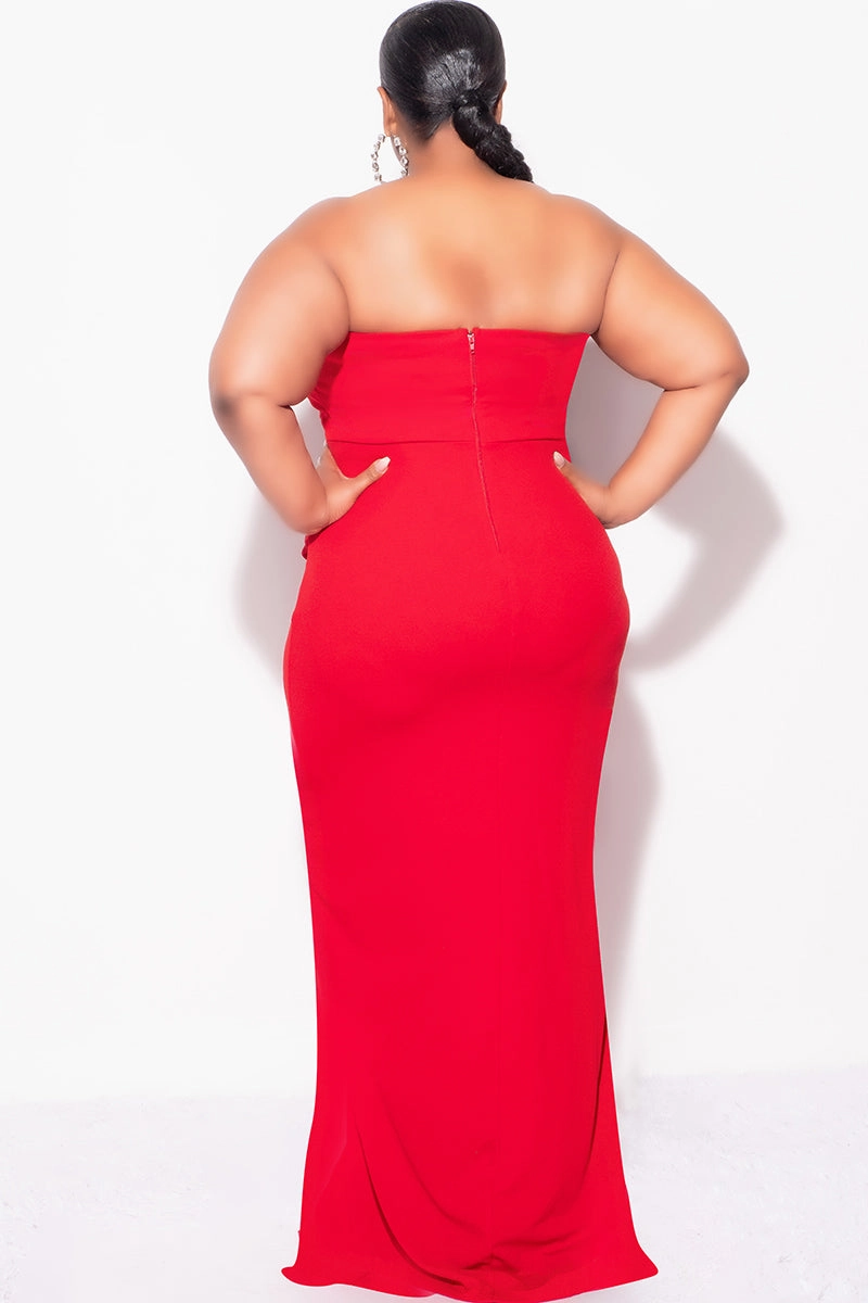 Active Look SlubTexture Final Sale Plus Size Strapless Pleated Ruffle Gown with Front Slit in Red