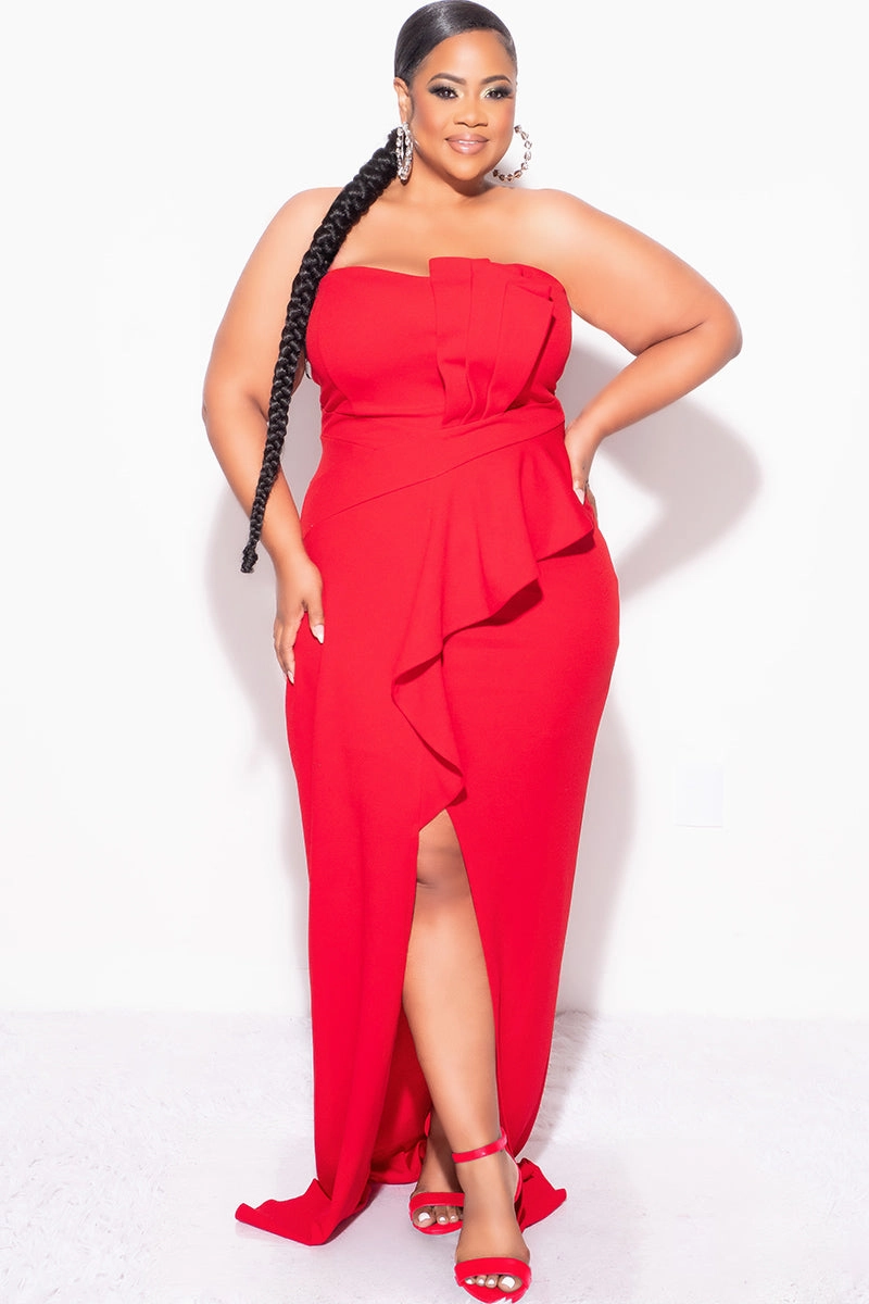 Final Sale Plus Size Strapless Pleated Ruffle Gown with Front Slit in Red Abrasion Resistant Fabric Eco Friendly Material