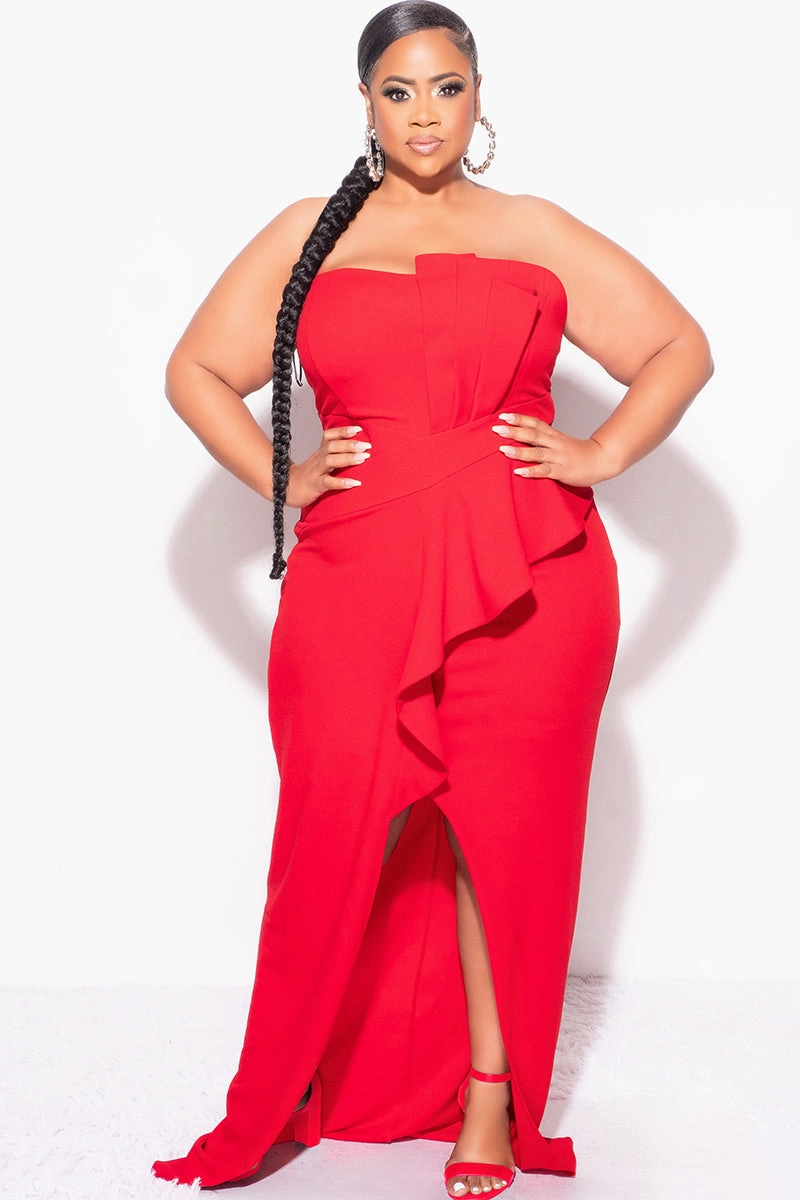 Final Sale Plus Size Strapless Pleated Ruffle Gown with Front Slit in Red Curved Hem Comfortable fit
