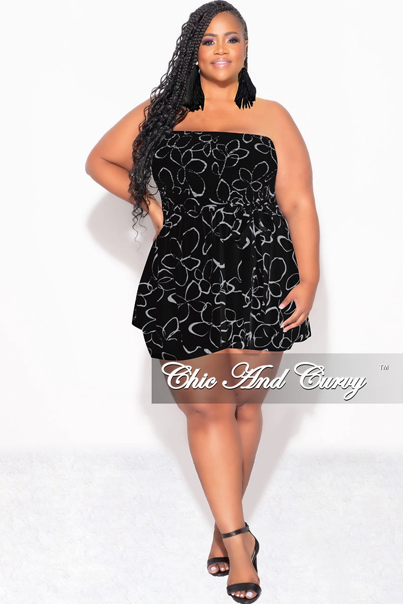 Layer Friendly Final Sale Plus Size Strapless Romper in Black & Ivory Print