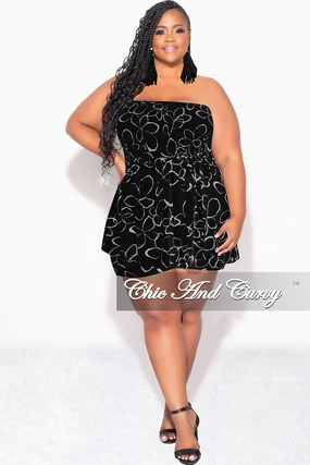 Layer Friendly Final Sale Plus Size Strapless Romper in Black & Ivory Print