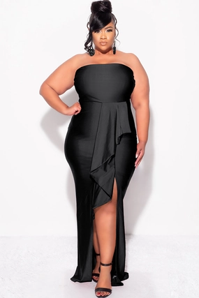 Relaxed Top Sporty Style Final Sale Plus Size Strapless Ruffle Dress with Slit in Black