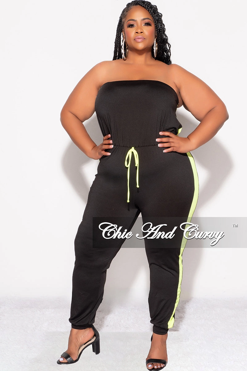 Slim Profile Trendy Vibe Final Sale Plus Size Strapless Tube Jumpsuit in Black and Neon Green