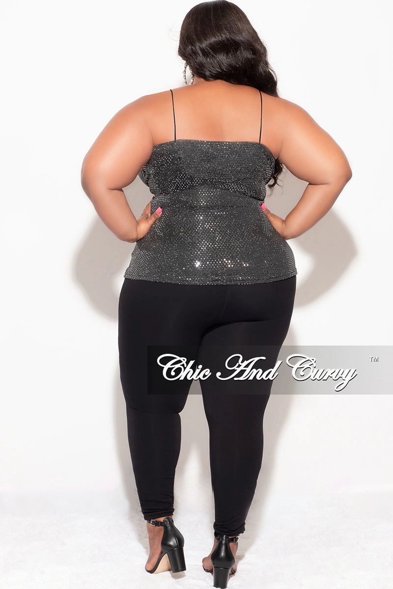 Final Sale Plus Size Surplice wrap V-Neck Sparkly Top with Spaghetti Strap in Silver and Black Anti Slip Shoulder Padding