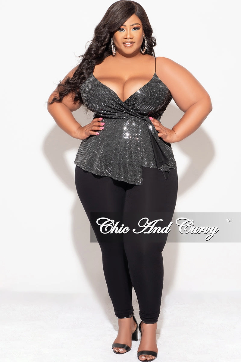 Final Sale Plus Size Surplice wrap V-Neck Sparkly Top with Spaghetti Strap in Silver and Black AbrasionResistant Surface