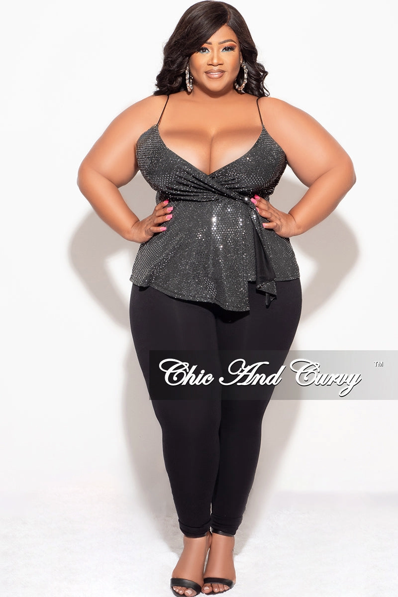 Final Sale Plus Size Surplice wrap V-Neck Sparkly Top with Spaghetti Strap in Silver and Black UltraSoftLining Metallic Fiber Blend