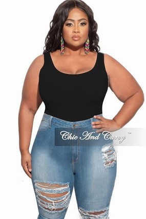 Button front Adaptive Fit Final Sale Plus Size Tank Bodysuit Leotard in Black