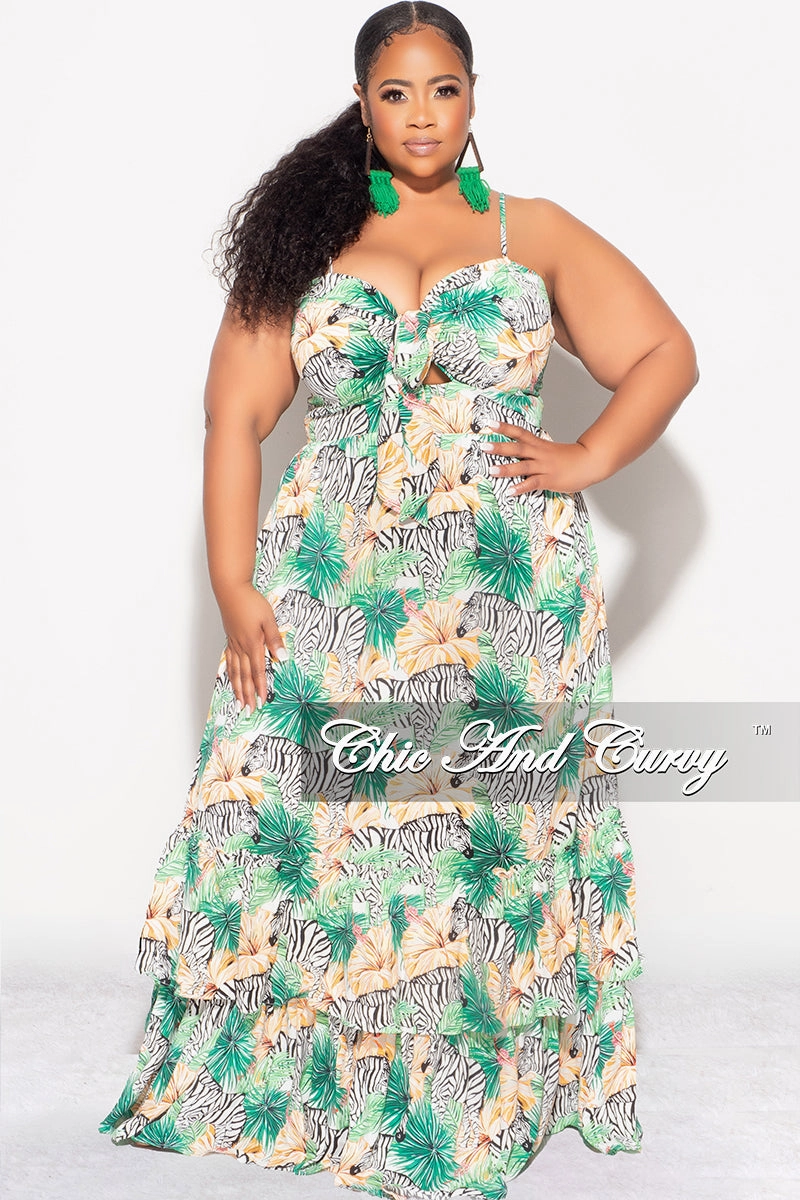 Final Sale Plus Size Tank Maxi Dress in Chiffon in Green with Zebra Print Summer Sporty Design Breath Flex