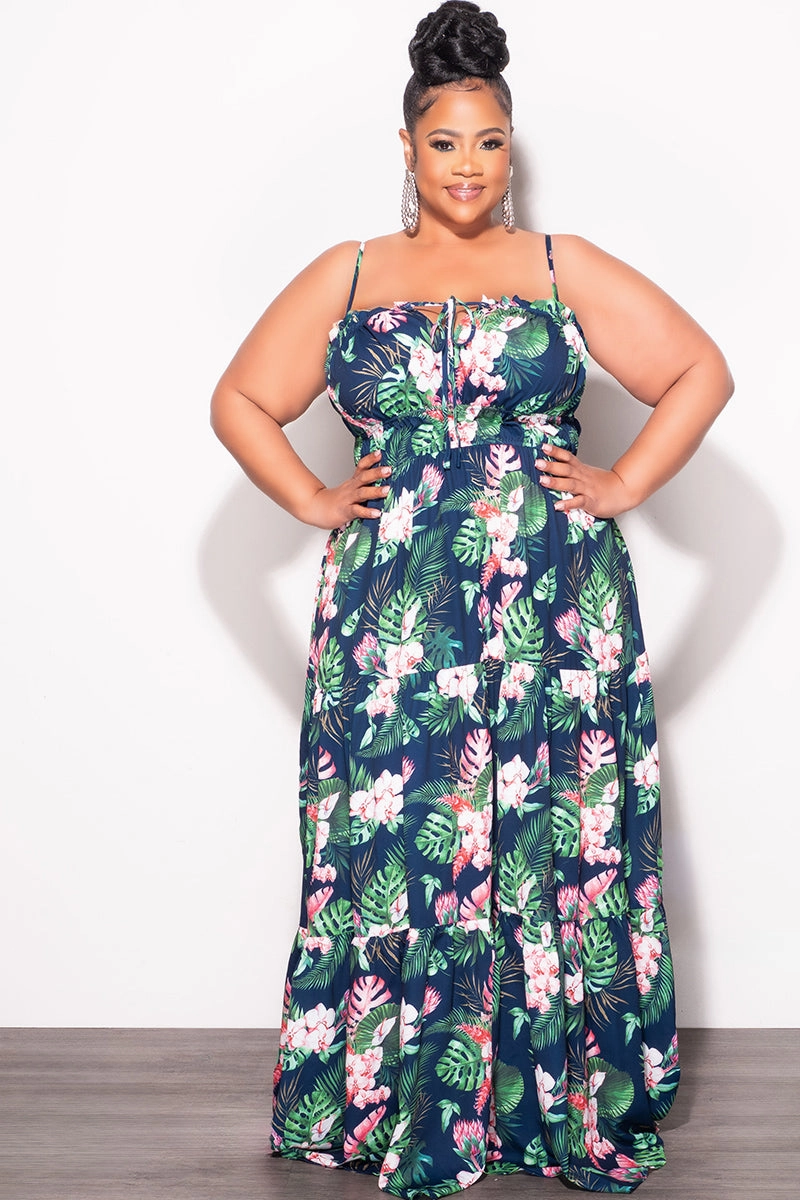 Final Sale Plus Size Tank Maxi Dress with Cutout back in Navy Floral Print Breathable Stretch Wear