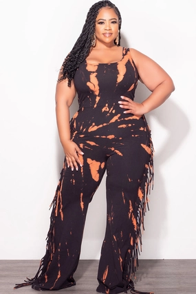 Body Movement Sleek and Soft Final Sale Plus Size Tank Tie Dye Fringe Jumpsuit in Black & Rust